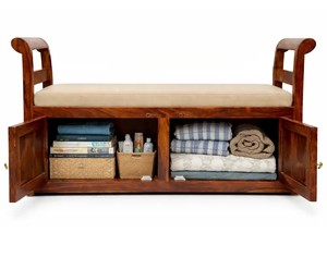 Solid Wood Carved <b>Storage</b> Settee | 3D Basket Weave Entryway Bench with <b>Cushion</b> | Wholesale Living Room Furniture - Product Image 3