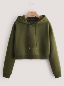 Sudadera con Capucha Corta para Mujer, Color Verde Oliva, Corte Regular, Tejido de Punto, Estilo Casual para Otoño, Manga Larga - Product Image 1