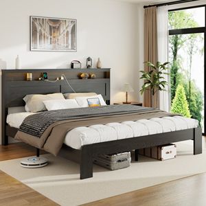 Letto Matrimoniale King Size con Struttura in Legno, Testiera Illuminata a LED e 2 Porte USB, Silenzioso, Senza Necessità di Rete a Doghe, con Vano Contenitore Integrato - Product Image 2