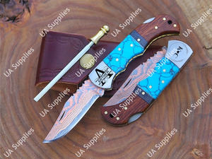 Couteau pliant en acier damas cuivré forgé à la main UA Supplies, manche en micarta rouge, personnalisable, couteau de poche à pointe tombante de 6,5 pouces pour EDC - Product Image 6