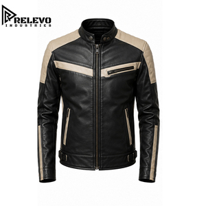 <b>Men</b> Premium Quality Racing <b>Leather</b> Biker <b>Jacket</b>, Two Tone Black with Beige Chest Stripe, Racer Motorcycle Outerwear - Product Image 1