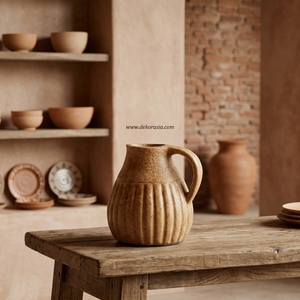 Pichet en terre cuite rustique brun Linea Jug S, ciselé, fait main, en céramique décorative, urne de table, vente en gros - Product Image 2