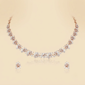 Ensemble de bijoux en or rose 18 carats et diamants pour femmes, collier et boucles d'oreilles à coupe marquise, style romantique - Product Image 1
