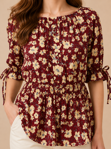 Wholesale Premium Maroon Color Floral Print <b>Top</b> O <b>Neck</b> Half Sleeve <b>Tie</b> Cuff Smocked Waist Casual Summer Daily Wear Crop <b>Top</b> - Product Image 5