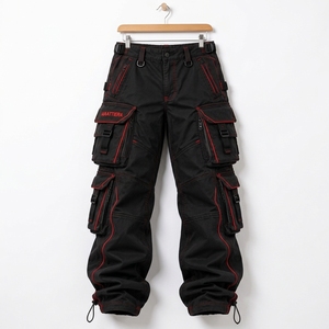 Pantalones Cargo Negros Personalizados para Hombre, Costuras en Contraste Rojas, Pantalones Tácticos Multibolsillos, Estilo Urbano, Puños Ajustables, Ligeros - Product Image 3