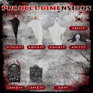 Set di 8 Decorazioni Halloween per Esterni: Fantasmi Spaventosi con Occhi Luminosi, Ragnatele Appese e Lapidi Luminose - Decorazioni Festive per Esterni - Product Image 6