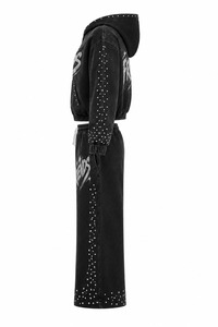 Ensemble sweat à capuche et pantalon imprimé avec strass, unisexe, coupe oversize, style hip-hop, noir, en molleton French Terry - Product Image 5