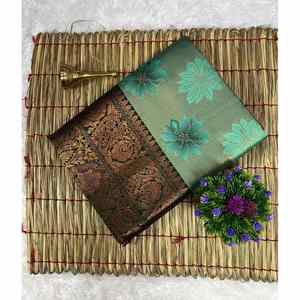 ATTRACTIVE BANARASI SOIE ZARI TISSAGE TRAVAIL SAREE AVEC CHEMISIER NON COUDU VERT DE MER - Product Image 1