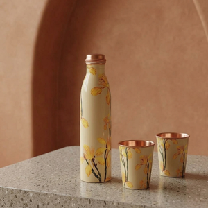 Handmade Floral <b>Metal</b> <b>Water</b> <b>Bottle</b> With Copper Lid Portable Drinkware Set - Product Image 1