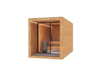 Sauna en bois en forme de cube, extérieur noir élégant, intérieur en bois naturel, murs vitrés panoramiques, écologique, sûr, traditionnel
