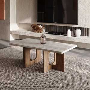 Modern Luxury Rectangular Coffee <b>Table</b> Faux <b>Marble</b> Top with Walnut Wood Cutout Base Large Center <b>Table</b> for Designer Living Room - Product Image 1