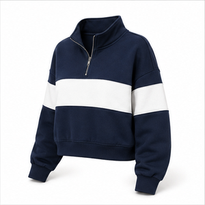 Sudadera Corta Clásica para Mujer, Color Azul Medianoche, Personalizable, con Cierre de Media Cremallera, Dobladillo de Canalé Suave, Mezcla de Algodón - Product Image 4