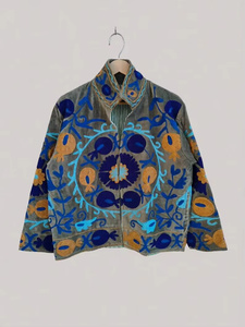 Veste bomber pour femme en velours vintage brodé de fleurs Suzani, rembourrée en coton, doublure en lin réversible, automne/hiver/été, OEM - Product Image 1