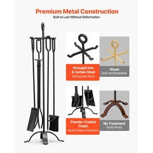 5 PCS Fireplace Tool Set with Four Prong Stand <b>Fire</b> Place <b>Poker</b> Wrought Iron Ash Shovel Brush Tongs-Premium Accessory Holder - Product Image 3