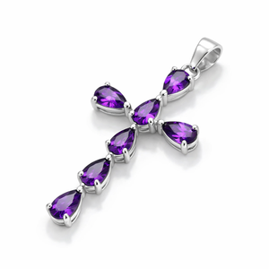 100% Natural Amethyst Cross Pendant Rhodium Plated Sterling Silver 7 <b>Stones</b> 45x18mm Pear Cut Minimalist <b>Memorial</b> Design Unisex - Product Image 3