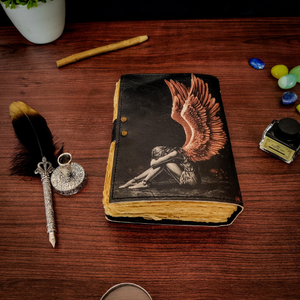 Leather <b>Mini</b> Diary Detailed Sitting Angel Design Black Wings Illustration Water Color Eco-Friendly Thermal Binding Embossed Gift - Product Image 5