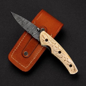 Handmade Multi-Functional Damascus Steel Drop Point Folding <b>Knife</b> 7.5 <b>Bone</b> <b>Handle</b> Leather Sheath 0.45mm Thick - Product Image 1