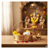 Panier de Pooja Rond en Métal 100% Naturel Écologique avec Poignée Dorée Dalia pour Temple, Maison, Mandir – Offrande Traditionnelle de Fleurs et de Prasad