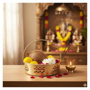 Cesta de Metal para Pooja con Asa, Dalia Dorada para Templo, Hogar, Mandir, Ofrenda Tradicional de Flores y Prasad - Product Image 2