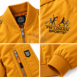 เสื้อแจ็คเก็ตบอมเบอร์ผู้ชายสีเหลืองมัสตาร์ด คอตั้ง ปักโลโก้ด้านหน้า สไตล์สตรีทแวร์ ระบายอากาศได้ดี เหมาะสำหรับฤดูหนาว - Product Image 4