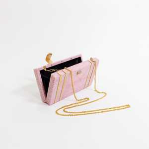 Handmade <b>Pink</b> Resin <b>Clutch</b> for Women Hard Shell Box Purse with Brass Metal Hardware & Chain Strap MODEL for Mother's Day - Product Image 3