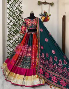 Ensemble de jupe Lehenga Choli pour femmes, en coton brodé, séchage rapide, multicolore, tenue traditionnelle indienne pour les fêtes, longueur normale - Product Image 2