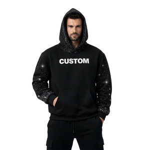 Sweat à capuche noir personnalisé pour homme, en molleton d'hiver, style streetwear, avec strass sur le capuchon et les manches - Product Image 4