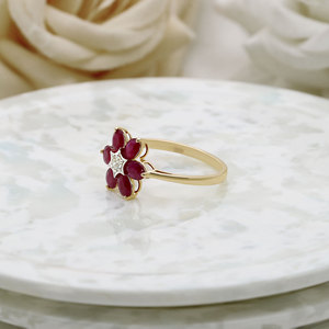 Bague en or jaune 14 carats avec rubis ovales et diamants, motif floral en étoile, bagues fines en pierres précieuses pour femmes, cadeau, mariage, fête, vente en gros - Product Image 4