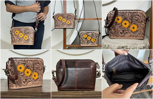 2025 bolsos de lujo para mujer, bolso cruzado con diseño de girasol de cuero mecanizado a mano, bolsos de mujer con logotipo personalizado de cuero genuino OEM ODM - Product Image 3