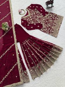 Conjunto de traje Sharara bordado color granate de diseñador para mujer, ideal para bodas y fiestas, Salwar Kameez pakistaní con Dupatta. - Product Image 5