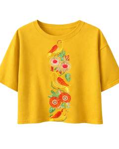 Camiseta Corta Dorada para Mujer con Bordado Floral de Pájaros, Manga Corta, Casual, de Moda, Mezcla de Algodón Suave, Top de Verano para Dama, Venta al por Mayor - Product Image 1