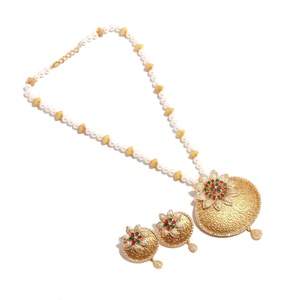 Traditional Rajwadi Pearl Necklace Set 22K Gold Plated Antique Gold Pendant Ruby Emerald Bridal Jewelry - Product Image 2