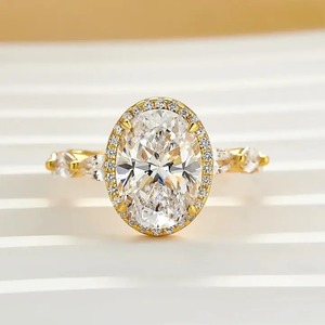 Trendy 925 Moissanite Halo Oval Cut Yellow Gold <b>Promise</b> <b>Ring</b> Engagement <b>Ring</b> in Yellow Gold Plated Moissanite Jewelry for <b>Women</b> - Product Image 1