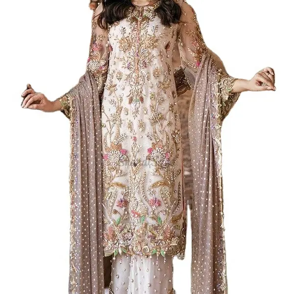 Camisa paquistanesa bordada e elegante de alta qualidade, camisa para mulheres, 3 peças, blusa bordada, calça formal, sem costura, 1/2