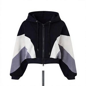 Women's Breathable 100% Cotton <b>Hooded</b> <b>Zip</b>-Up Crop Sweatshirt Drop-Shoulder Full Sleeve Casual Winter Knitted Fabric 340g - Product Image 5