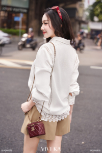 Women's Linen Ivory Lace <b>Patchwork</b> Long Sleeve Blouse Vintage Collared Loose Fit <b>Shirt</b> Elegant Floral Crochet Top KEIRA - Product Image 4