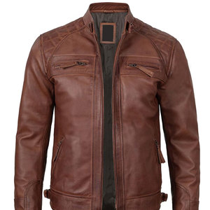 Veste moto en cuir véritable marron pour homme, col montant, fermeture éclair, coupe ajustée, longueur standard, pour l'automne - Product Image 5