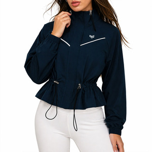 Custom Women’s Cropped Running Navy Blue Windbreaker <b>Lightweight</b> Drawstring Waist Sports <b>Men's</b> <b>Jackets</b> OEM Activewear Supplier - Product Image 1