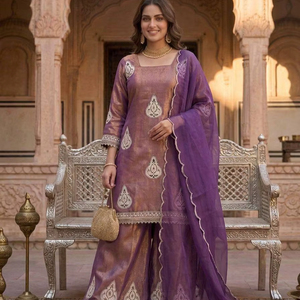 Conjunto de Graduación para Mujer de Diseñador: Top, Pantalón Plazzo y Dupatta de Seda Pesada Fendi Moderna - Product Image 1