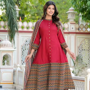 Kurta et Dupatta pour femme en rayonne et coton cambriqué marron imprimé zig-zag, coupe trapèze, col mandarin, manches trois-quarts, tenue ethnique - Product Image 1