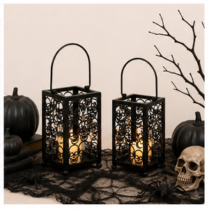 Halloween Decorative Skull <b>Lantern</b> Set Vintage Matte Black Metal Candle Holder with Ornate Cutout Design For Home Party Decor - Product Image 4