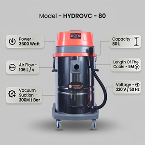 เครื่องดูดฝุ่นอุตสาหกรรมแบบเปียกและแห้ง HYDROPLUS INTERNATIONAL HYDROVC80 80 ลิตร 3600 วัตต์ แรงดูดสูง 200 เมตร/บาร์ ผลิตจากสแตนเลส - Product Image 2