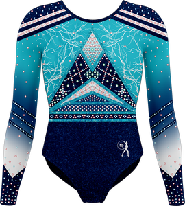 Justaucorps de gymnastique bleu scintillant pour femmes Seward Sports avec un imprimé géométrique élégant, design à manches longues, spandex/polyester - Product Image 1