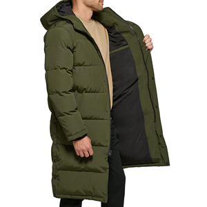 Men's Long Down Puffer Jacket With Hood Windproof Casual <b>Winter</b> <b>Coat</b> Olive Green <b>Thick</b> Polyester Shell Button Closure - Product Image 3