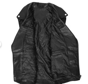 เสื้อกั๊กหนังแท้สีดำสำหรับผู้ชายสไตล์คลาสสิก ทำมือ งานหนังแท้ เสื้อกั๊กไบค์เกอร์ ตัดเย็บพอดีตัว เสื้อกั๊กขี่มอเตอร์ไซค์ - Product Image 3