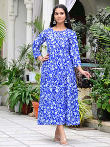 Vestido Midi de Algodón con Estampado Floral Azul para Mujer, Vestido Casual de Verano con Corte en A y Volantes - Product Image 5