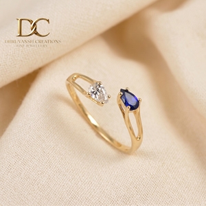 Classic Designer 14KT Solid Yellow Gold <b>Adjustable</b> <b>Ring</b> with Lab Grown Diamond and Blue Sapphire IGI Certified Jewelry for Women - Product Image 4