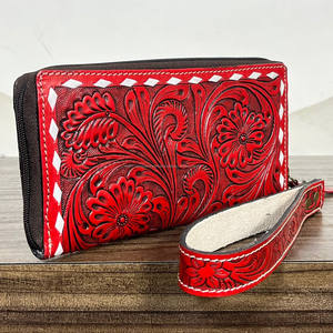 กระเป๋าสตางค์หนังแท้ลายสลักมือแบบซิปรอบพร้อมสายคล้องข้อมือ สไตล์ตะวันตก กระเป๋าคลัทช์สำหรับสุภาพสตรี พร้อมช่องใส่บัตรและช่องใส่เหรียญ - Product Image 4