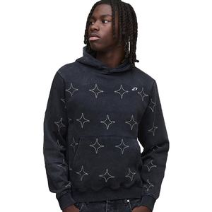 Sudadera con capucha de algodón grueso con estampado de estrellas de pedrería, negra vintage lavada, estilo streetwear oversize, producción a granel - Product Image 1