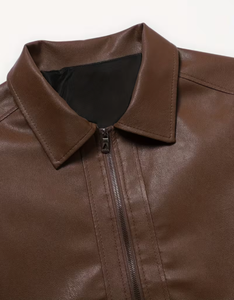 TRIBON SPORTS <b>Men's</b> Black Cow Skin <b>Leather</b> Bomber <b>Jacket</b> Stand Collar Zipper Closure Slim Fit Regular Sleeve Solid Color Winter - Product Image 5